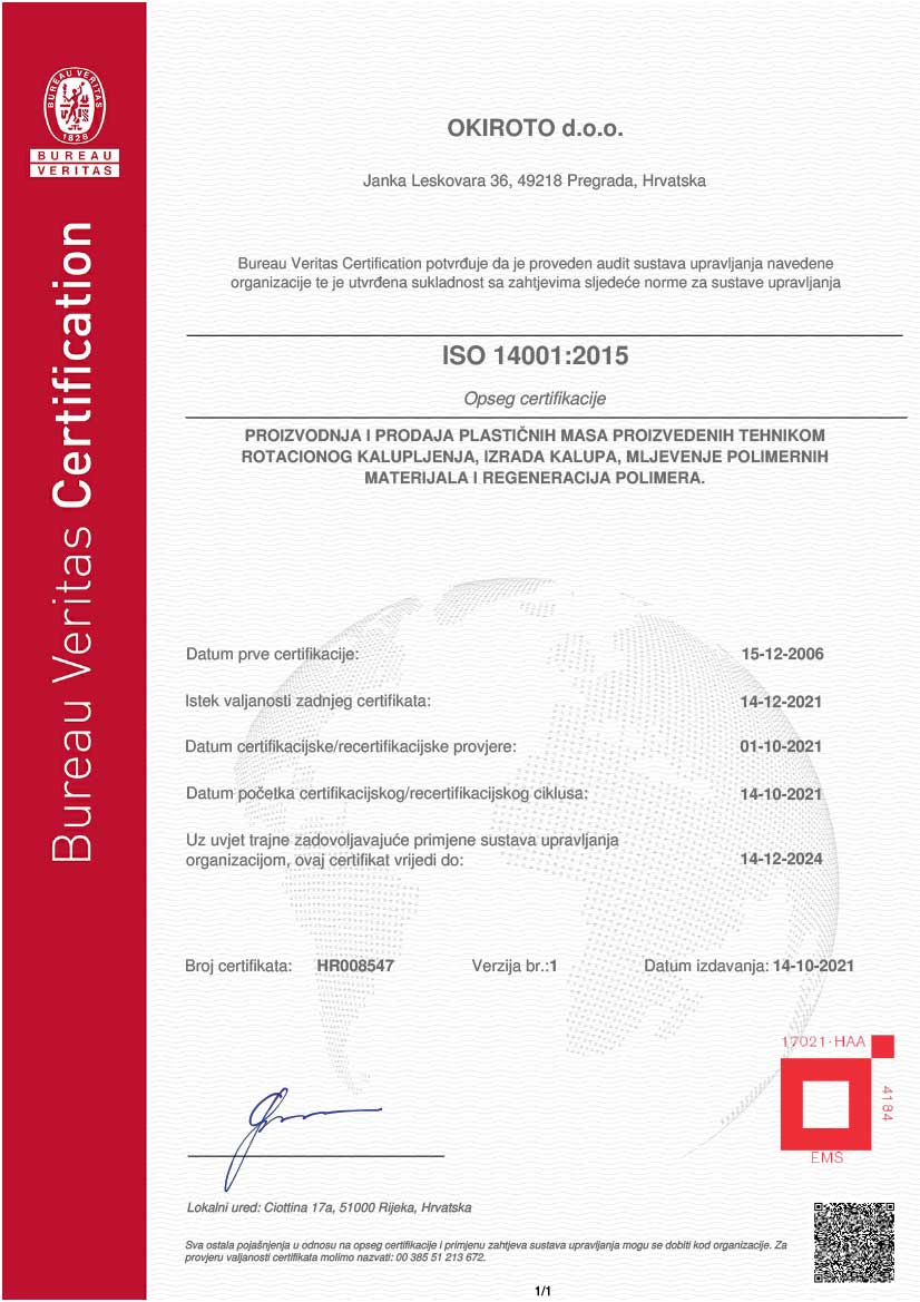 Okiroto ISO 14001 certifikat